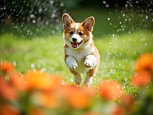 Corgi Puppy Discovers The Magical Water Fountain by Puppy Prints
