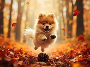 Pomeranian Puppy Carries Pinecone Through Forest by Puppy Prints
