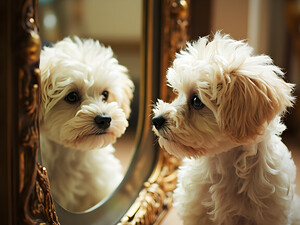 Happy Bichon Frise Puppy Wags At His Reflection by Puppy Prints