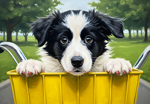Border Collie Puppys First Bicycle Basket Adventure Begins by Puppy Prints