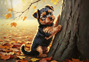 Yorkshire Terrier Puppy Spots Squirrel At Tree Base by Puppy Prints