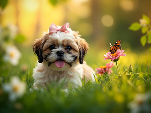 Content Shih Tzu Puppy Watches Butterfly Fly Away by Puppy Prints
