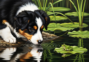 Australian Shepherd Puppy Discovers A Quiet Pond by Puppy Prints