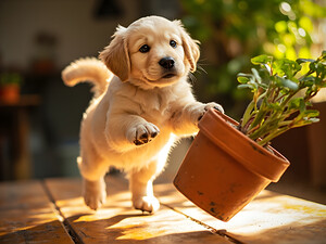 Golden Retriever Puppy Reaches For Plant Pot by Puppy Prints