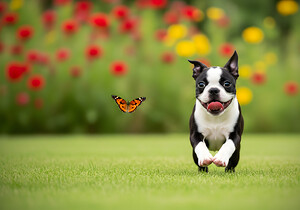 Boston Terrier Puppy And Butterfly Rest Together In Garden