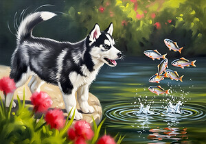 Happy Husky Puppy Enjoys Pond Watching