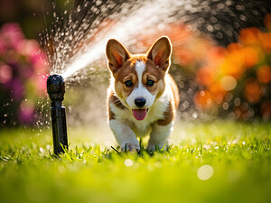 Happy Corgi Puppy Rests After Sprinkler Adventure by Puppy Prints
