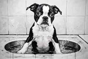 Happy Boston Terrier Puppy Enjoys Sudsy Bath Time by Puppy Prints