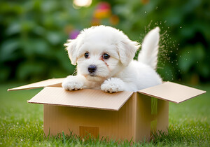 Happy Bichon Frise Puppy With Discovered Toy Treasures by Puppy Prints