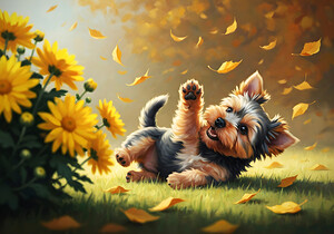 Yorkshire Terrier Puppy Successfully Catches Brown Oak Leaf by Puppy Prints