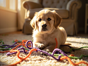 Golden Retriever Puppy Discovers Colorful Yarn Ball by Puppy Prints