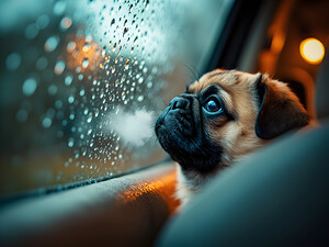 Pug Puppy Watches First Rainstorm From Car Window by Puppy Prints