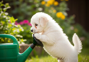 Curious Bichon Frise Puppy Discovers Garden Watering Can by Puppy Prints