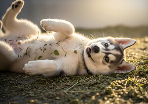 Happy Herb Covered Husky Puppy