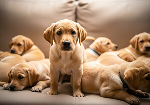 Happy Labrador Retriever Puppy Settles Into Cozy Spot by Puppy Prints