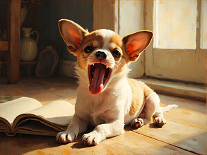 Sleepy Chihuahua Puppy Dreams Over Open Book by Puppy Prints