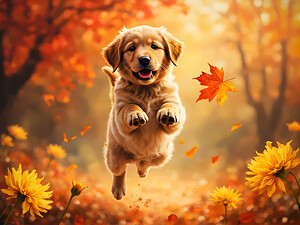 Golden Retriever Puppy Spots Dancing Autumn Leaves by Puppy Prints