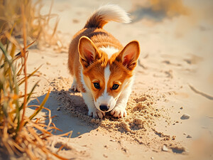 Proud Corgi Pup Admires Digging Achievement by Puppy Prints