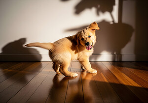 Sleepy Golden Retriever Puppy Rests After Shadow Chase