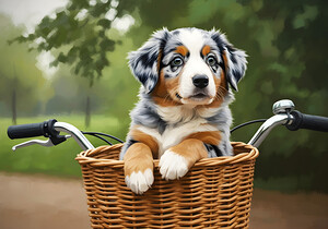Happy Australian Shepherd Puppy Enjoys Bicycle Ride by Puppy Prints