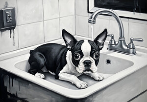 Boston Terrier Puppy Waits Nervously In Bathroom Sink by Puppy Prints