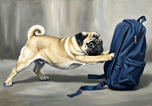 Pug Puppy Discovers Big Blue Backpack by Puppy Prints