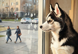Husky Puppy Discovers City Life From Window Perch