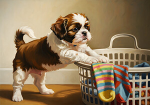 Shih Tzu Puppy Spots Tempting Sock In Laundry Basket by Puppy Prints