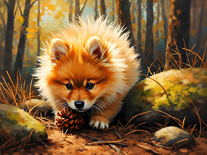 Pomeranian Puppy Discovers Pinecone In Forest by Puppy Prints