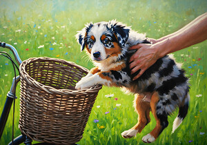 Australian Shepherd Puppy Discovers Bicycle Basket Adventure by Puppy Prints