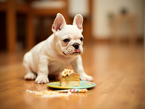 Satisfied French Bulldog Puppy Rests After Birthday Celebration by Puppy Prints