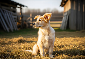 Sleepy Golden Retriever Puppy Rests In Cozy Haystack by Puppy Prints