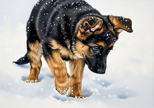 German Shepherd Puppy Discovers Fresh Snow by Puppy Prints