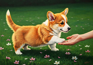 Proud Corgi Puppy Celebrates Learning New Trick by Puppy Prints