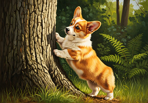 Corgi Puppy Spots Squirrel At Tree Base by Puppy Prints