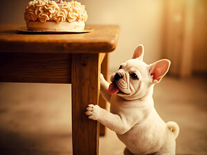 French Bulldog Puppy Discovers Birthday Cake by Puppy Prints