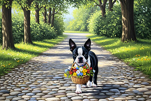 Boston Terrier Puppy With Flower Basket In Garden