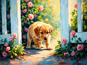 Happy Labrador Retriever Puppy Emerging From Behind Brick Wall by Puppy Prints