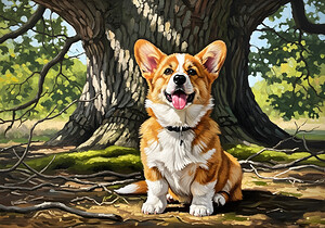 Content Corgi Puppy Dreams Under Tree Shade by Puppy Prints
