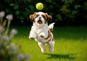 Victorious Shih Tzu Puppy With Tennis Ball Prize by Puppy Prints