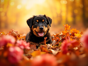 Tired Rottweiler Puppy Rests On Autumn Leaf Bed by Puppy Prints