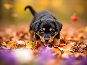 Rottweiler Puppy Discovers Autumn Leaf Pile by Puppy Prints
