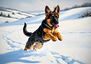 Happy German Shepherd Puppy Rests In Snow by Puppy Prints