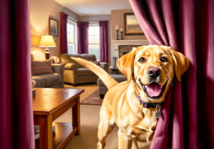 Happy Labrador Puppy Running From Dark Blue Curtains