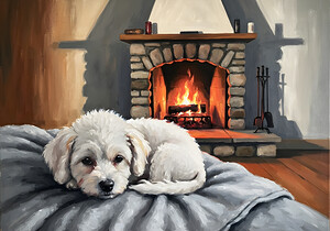 Bichon Frise Puppy Dreams By The Fireplace