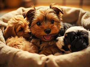 Yorkshire Terrier Puppy In Cozy Laundry Basket With Friends by Puppy Prints