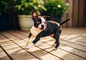 Boston Terrier Puppy Bouncing In Garden by Puppy Prints
