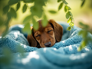 Peaceful Dachshund Puppy Sleeps In Basket Bed by Puppy Prints