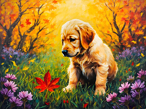 Happy Golden Retriever Puppy Decorated With Leaves by Puppy Prints
