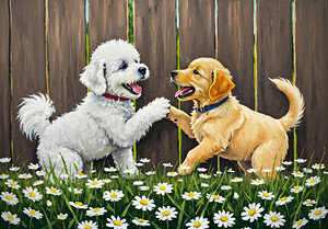 Happy Bichon Frise Puppy Plays With Fence Friend by Puppy Prints